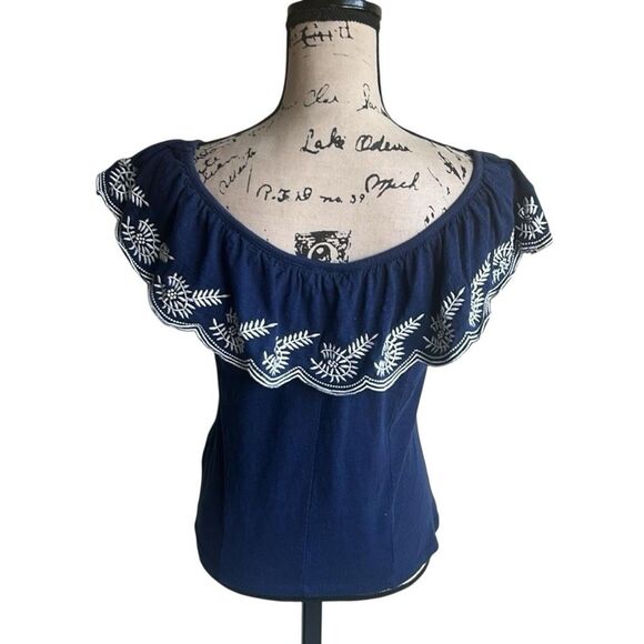 Anthropologie Moulinette Soeurs Embroidered Nautical Navy Sz Medium Top - Picture 7 of 9